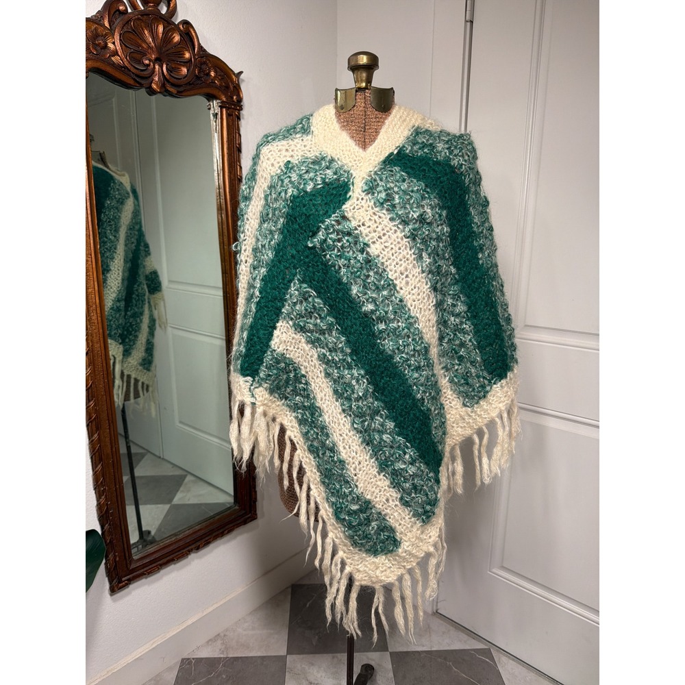 Vintage Hand Knitted in Italy Mohair Wool Fringe Poncho Green Cream Stripe